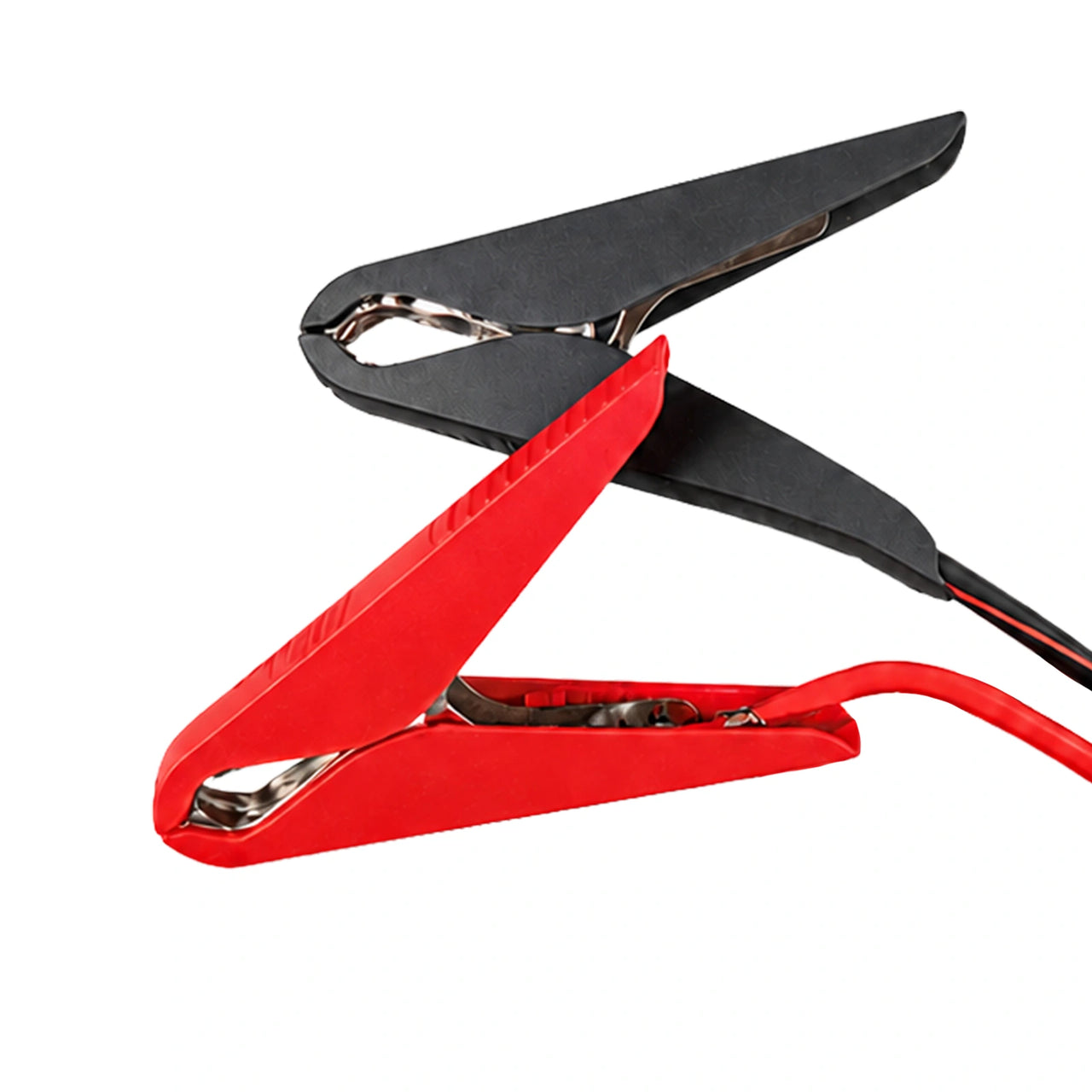 Close-up of insulated red and black spring-loaded battery clamps