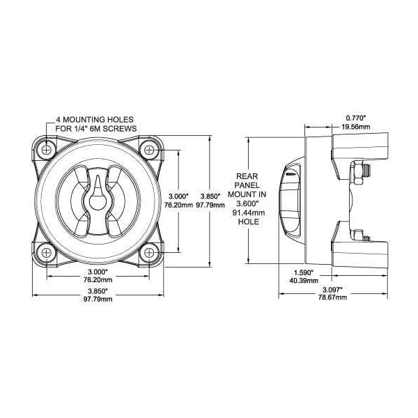 Technical dimensional drawing of the battery switch showing mounting holes and depth