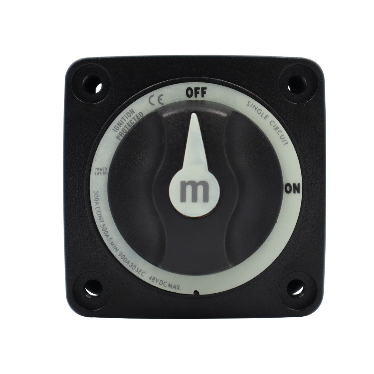 Front view of black battery switch faceplate showing ON OFF position indicators and amperage ratings