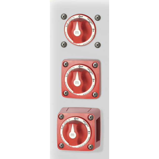 Vertical arrangement showing flush, surface and panel mounting configurations for the battery switch