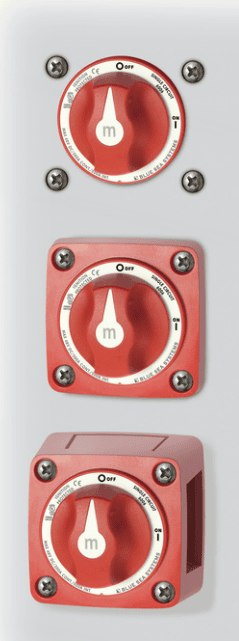 Vertical arrangement showing flush, surface and panel mounting configurations for the battery switch