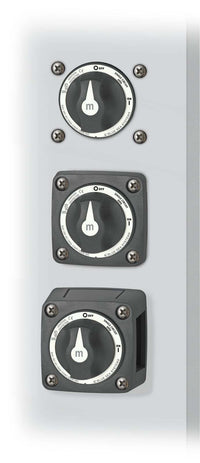 Vertical layout of three battery switches demonstrating surface, rear and front panel mounting methods