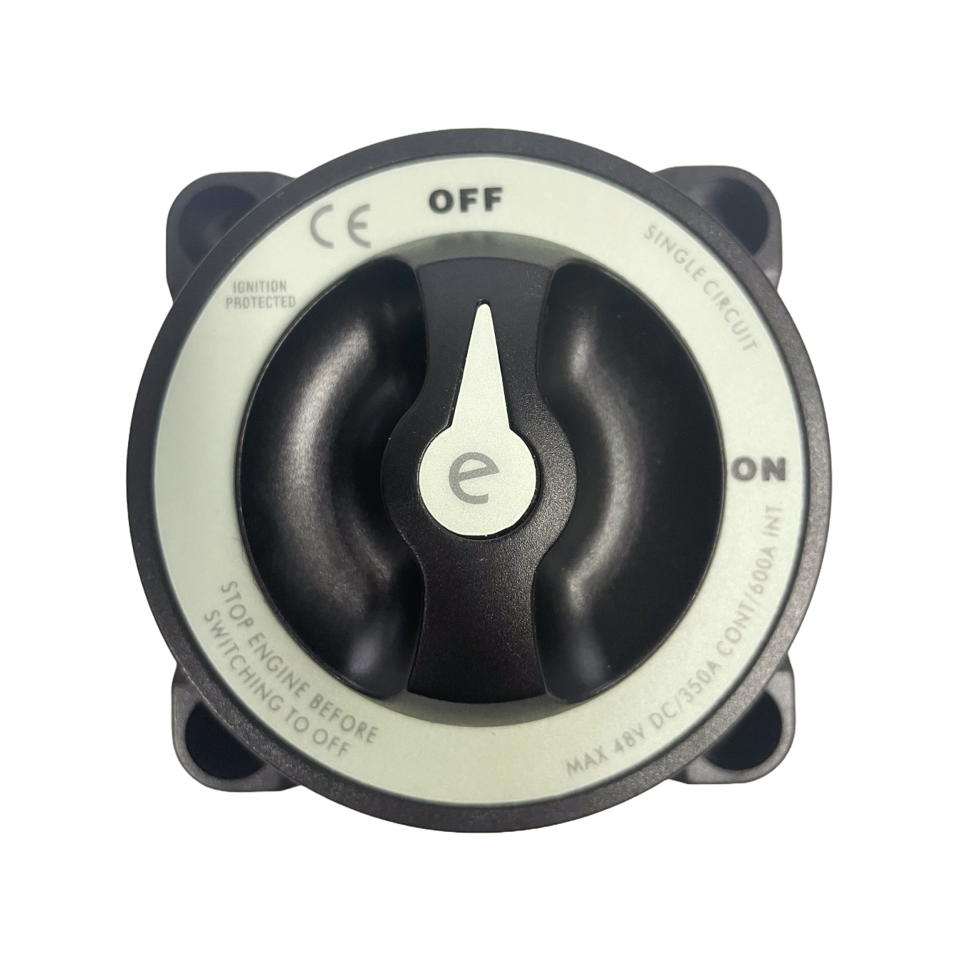Top-down view of battery switch showing rotary knob and clear ON OFF position labels