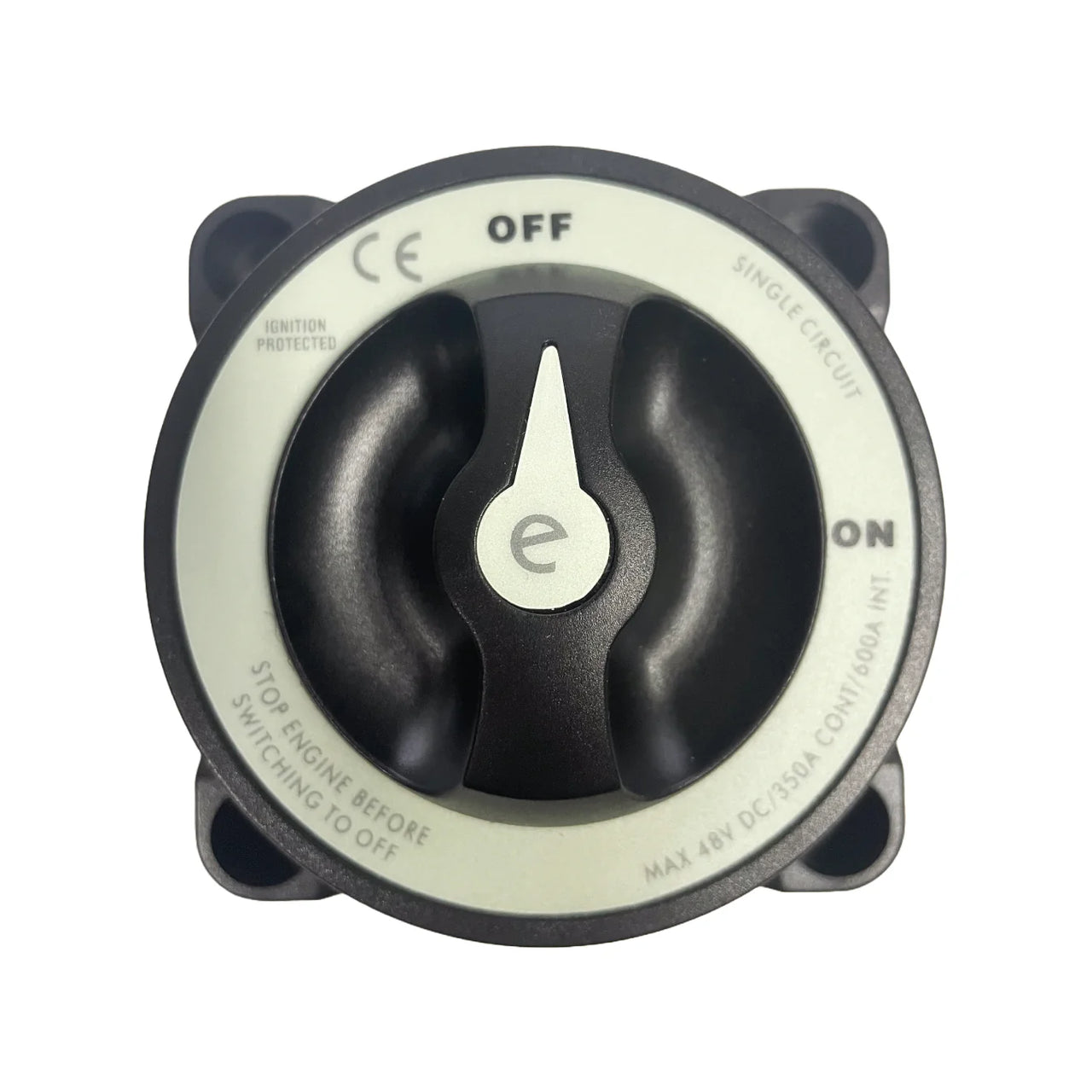 Top-down view of battery switch showing rotary knob and clear ON OFF position labels