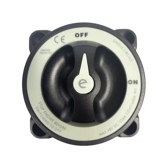 Top-down view of battery switch showing rotary knob and clear ON OFF position labels
