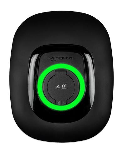 Victron EV charging station with black cover installed and glowing green status LED ring