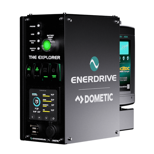 Black left-hand canopy power system featuring Simarine battery monitoring display