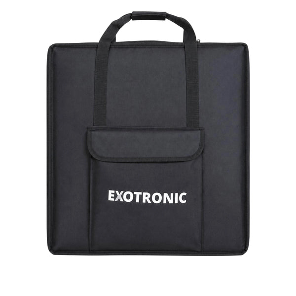 Black carry bag for solar panels with a top handle and a large front pocket