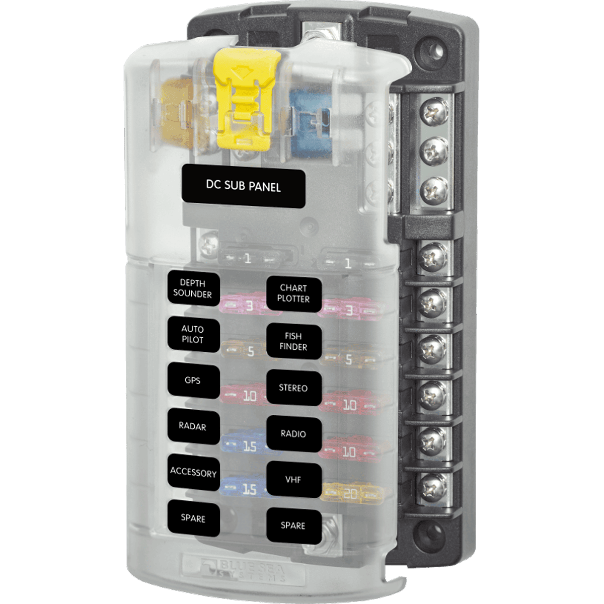 Blue Sea Systems 12-circuit blade fuse block with clear cover, labels and negative bus