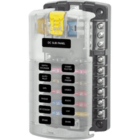 Blue Sea Systems 12-circuit blade fuse block with clear cover, labels and negative bus
