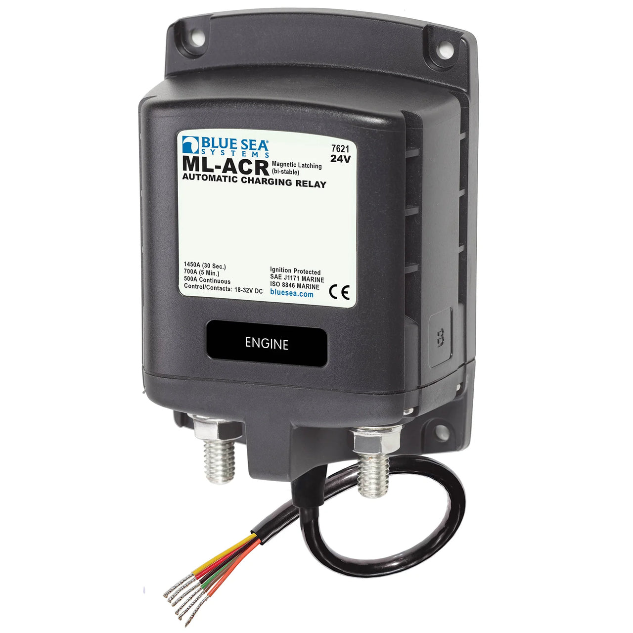 Blue Sea 24V 500A ML-series automatic charging relay with terminal studs and control wire harness