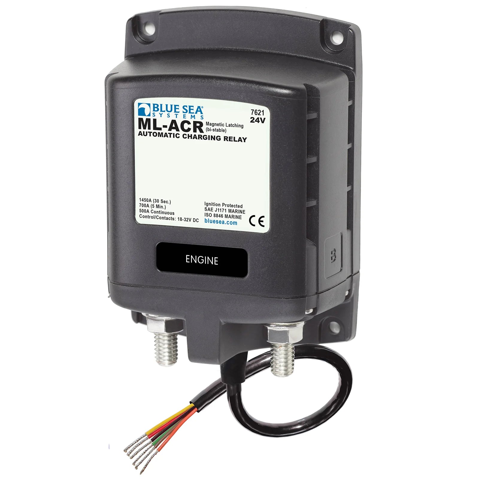 Blue Sea 24V 500A ML-series automatic charging relay with terminal studs and control wire harness