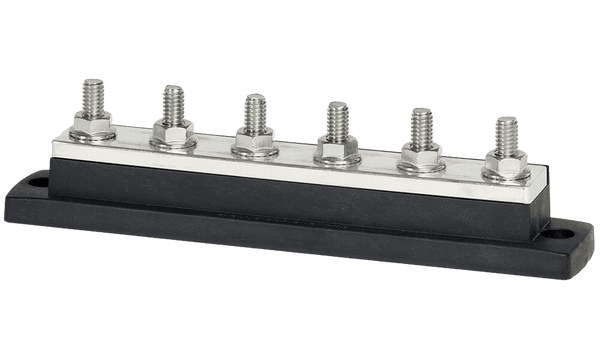 Side view of 250A busbar with six 5/16 inch studs, tin-plated copper plate and black insulating base