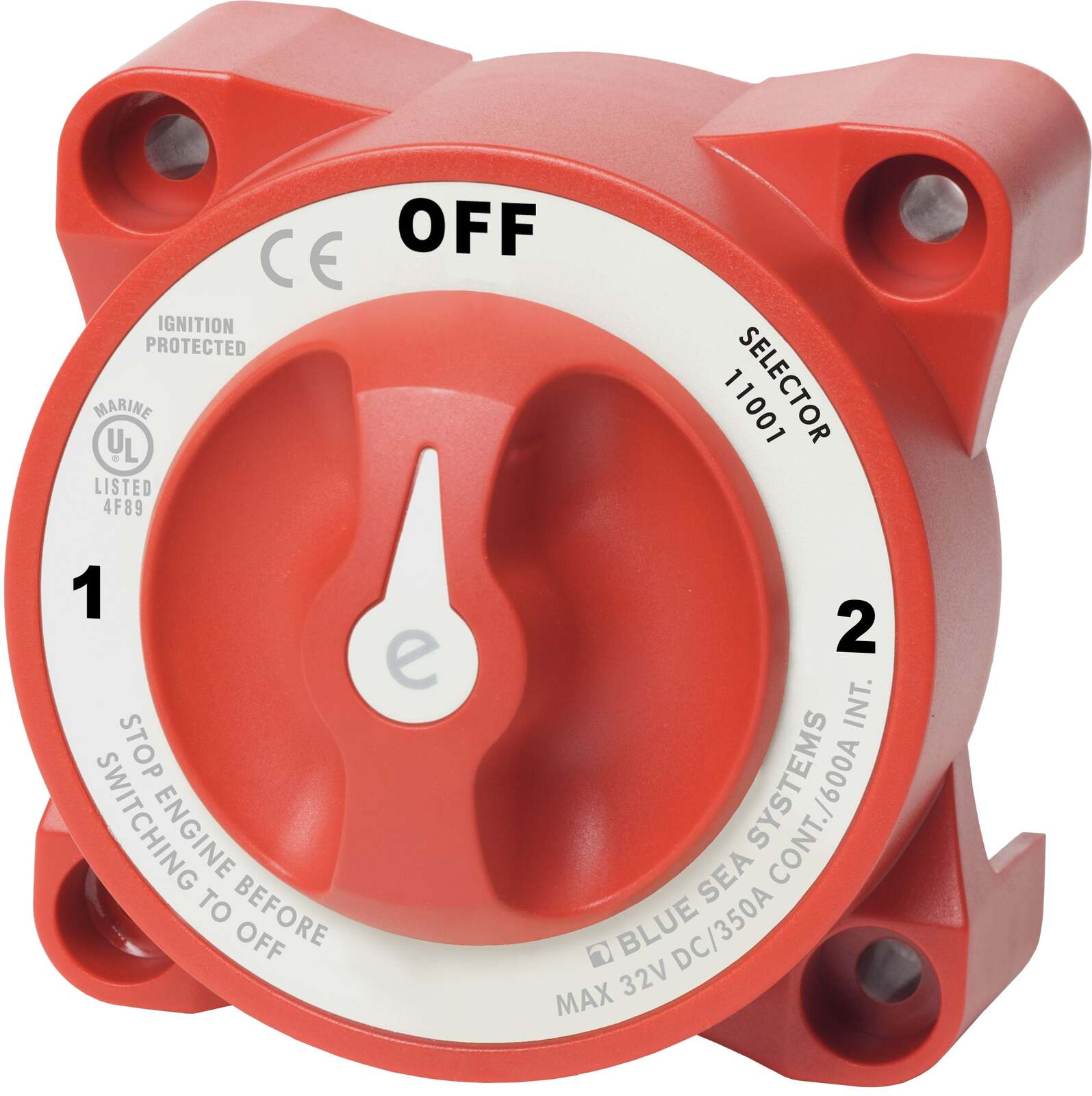 Front view of red 3-position battery selector switch with OFF, 1, and 2 settings