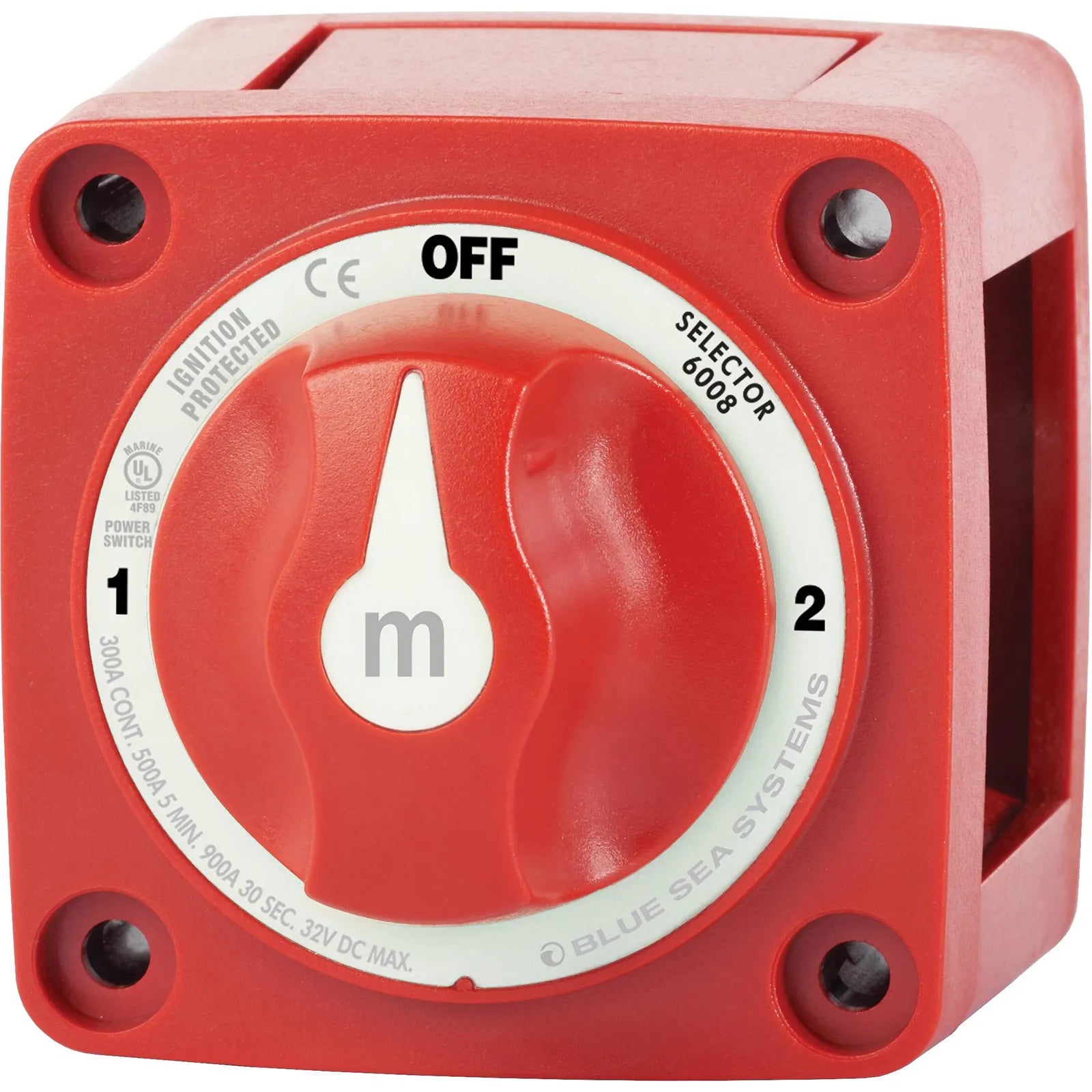 Red Blue Sea battery selector switch with Off, 1 and 2 positions and white knob