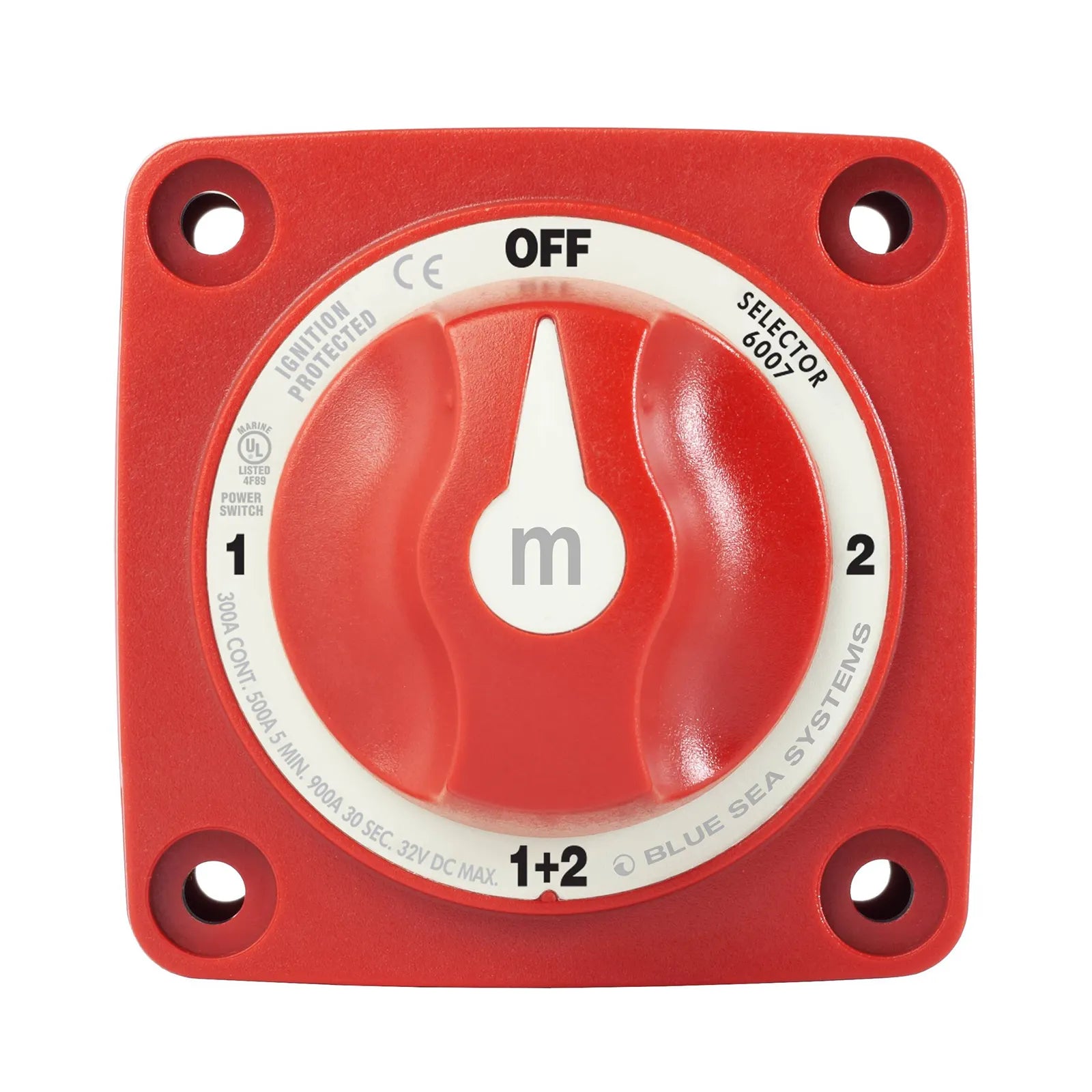 Red 4-position battery selector switch with Off, 1, 2, and 1+2 settings