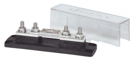 Blue Sea ANL fuse holder featuring a black base, two 5/16 inch studs, installed fuse and clear cover