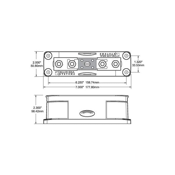 Technical drawing of ANL fuse holder showing length 177.8mm, width 50.8mm and height 58.42mm