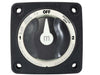 Front face of 3-position battery switch showing off position and mounting holes in corners