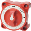 Front view of red single circuit battery switch with ON OFF knob and ignition protection label