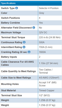 Technical specifications table for Blue Sea BS-3002B battery switch including voltage and amperage ratings