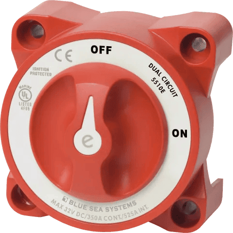Front view of red e-Series dual circuit battery switch showing ON OFF positions and 350A rating