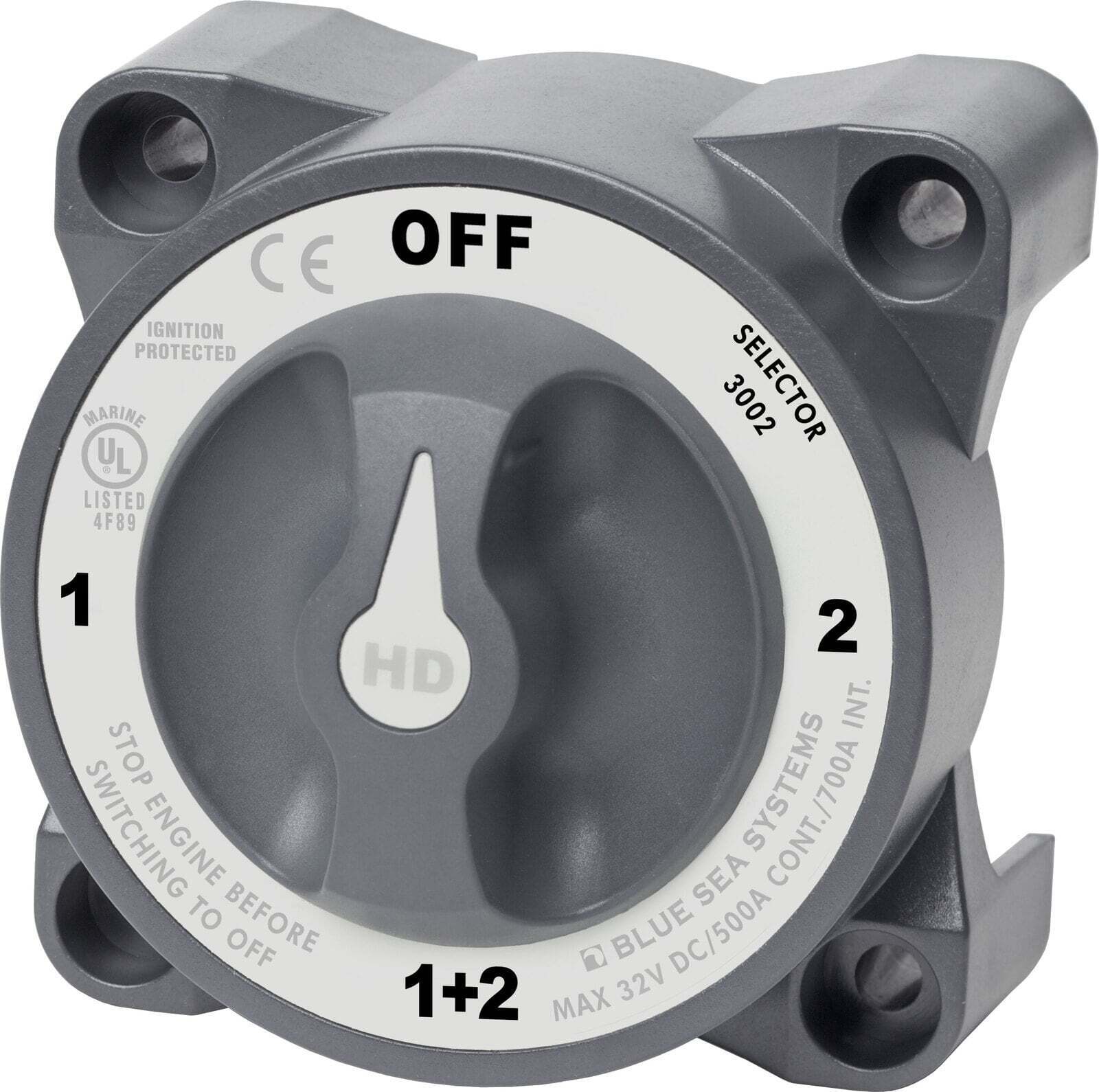 Front view of Blue Sea HD-Series battery selector switch with 4 positions OFF, 1, 2, 1+2 and grey knob