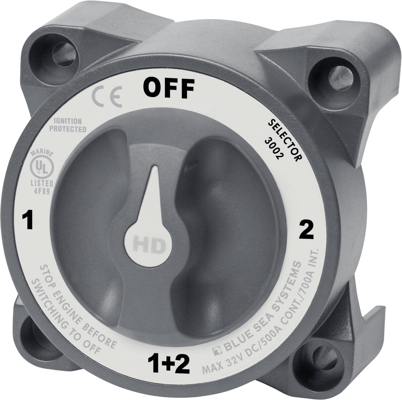 Front view of grey heavy-duty battery selector switch with rotary dial showing OFF, 1, 2 and 1+2 positions