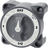 Front view of grey heavy-duty battery selector switch with rotary dial showing OFF, 1, 2 and 1+2 positions