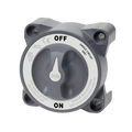 Grey heavy-duty battery switch selector in OFF position with high amperage safety labels