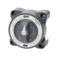 Grey heavy-duty battery switch selector in OFF position with high amperage safety labels