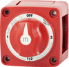 Front view of red Blue Sea m-Series 4-position battery selector switch with rotary knob pointing to OFF position