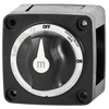 Front view of black battery switch with rotary knob in OFF position, showing ignition protected and single circuit text
