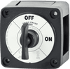 Front view of Blue Sea 6005 m-Series battery switch showing black housing, rotary knob and amperage ratings
