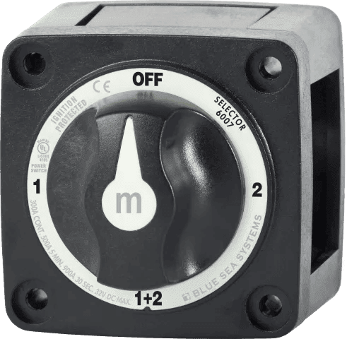 Black 4-position battery selector switch with OFF, 1, 2, and 1+2 settings