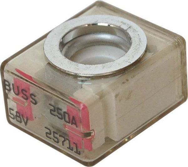 Close-up of Blue Sea Systems MRBF terminal fuse showing 250A and 58V markings on clear housing