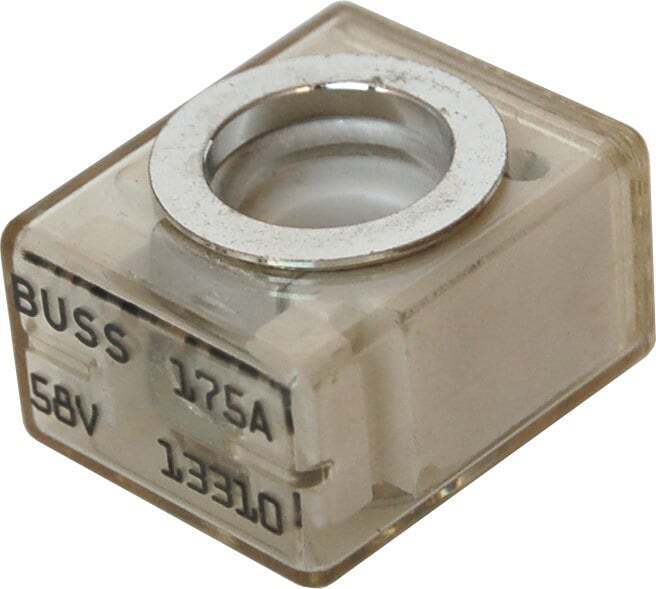 Close-up of Blue Sea MRBF fuse with clear housing and silver ring terminal marked BUSS 175A and 58V