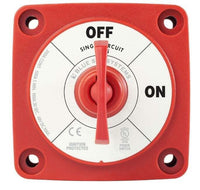 Front face of red battery isolation switch showing On/Off positions, removable key and ignition protection labels