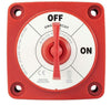 Front face of red battery isolation switch showing On/Off positions, removable key and ignition protection labels