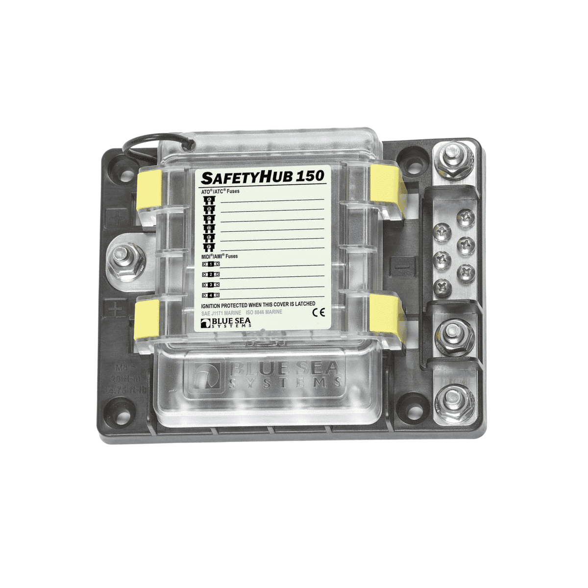Top-down view of SafetyHub 150 fuse block with clear ignition protected cover
