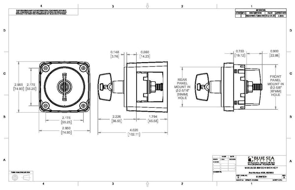 Technical dimension drawing showing 75mm square profile and mounting depth options for front or rear panel installation
