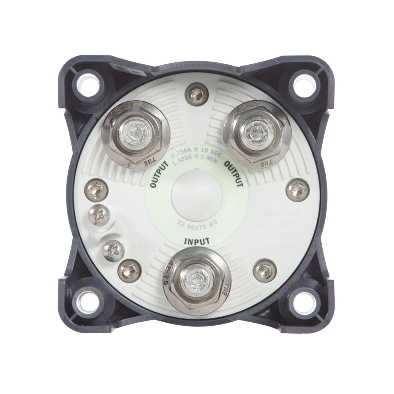 Rear of battery switch displaying heavy-duty studs and alternator field disconnect terminals