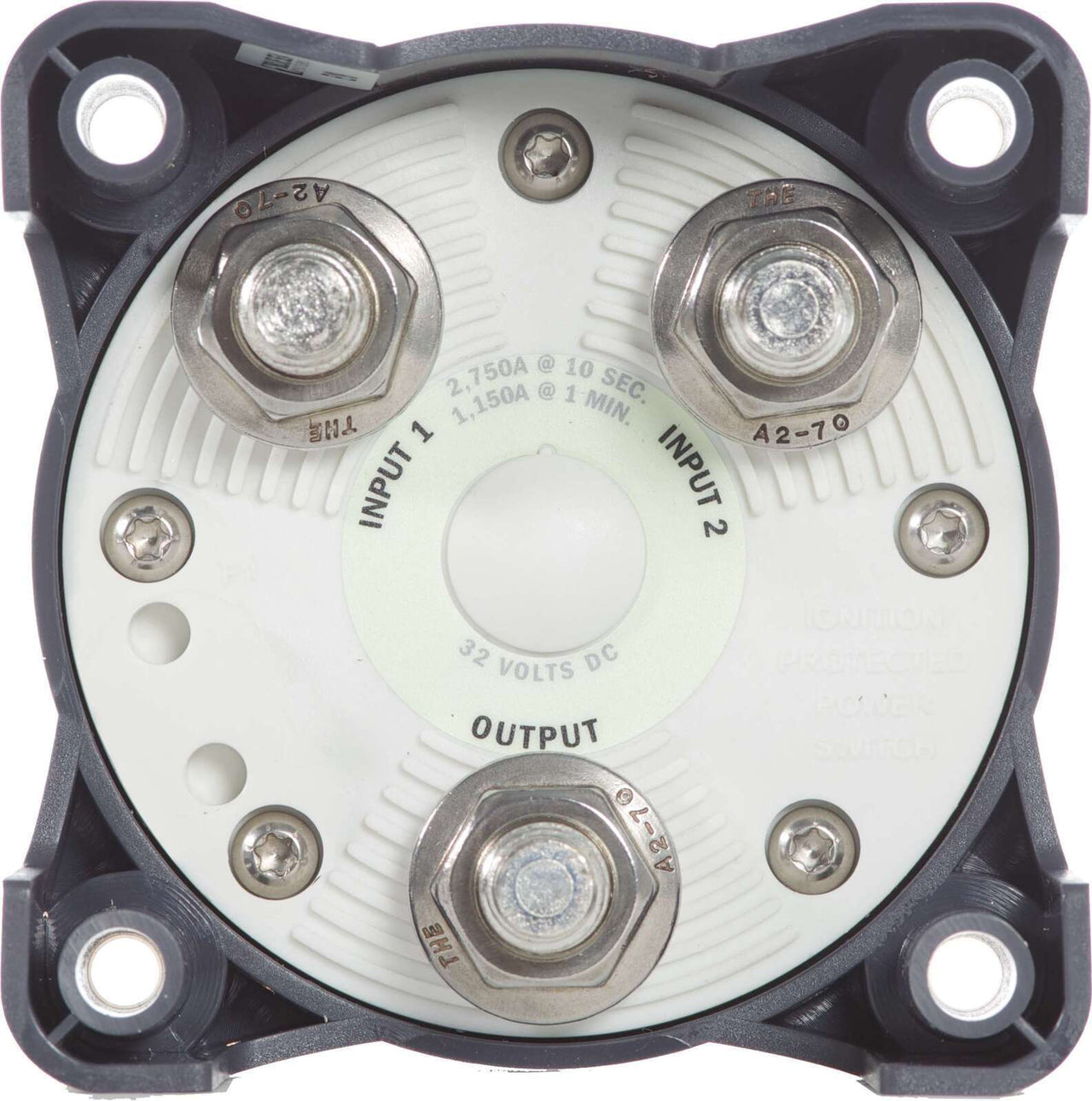 Rear view of battery switch showing three tinned copper terminal studs labelled Input 1, Input 2 and Output