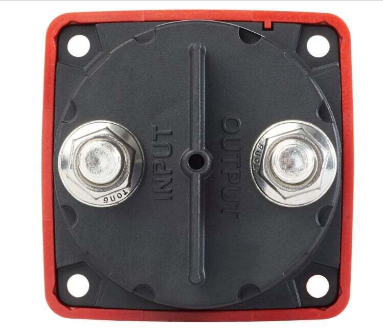 Rear view of battery switch showing two 3/8 inch tinned copper studs labelled input and output
