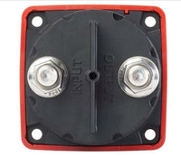 Rear view of battery switch showing two 3/8 inch tinned copper studs labelled input and output