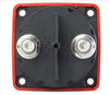 Rear view of battery switch showing two 3/8 inch tinned copper studs labelled input and output