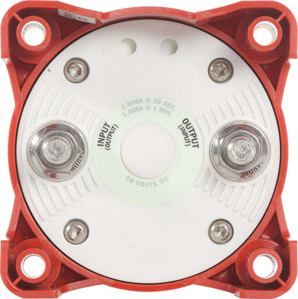 Rear view of battery switch showing tinned copper terminal studs and mounting holes
