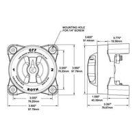 Technical dimension drawing of Blue Sea switch showing 98mm width and mounting spacing