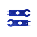 Flat lay of two blue plastic solar connector spanners showing wrench heads and unlocking prongs