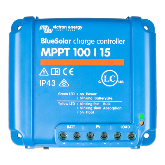 Front view of Victron BlueSolar MPPT 100/15 solar charge controller with LED indicators